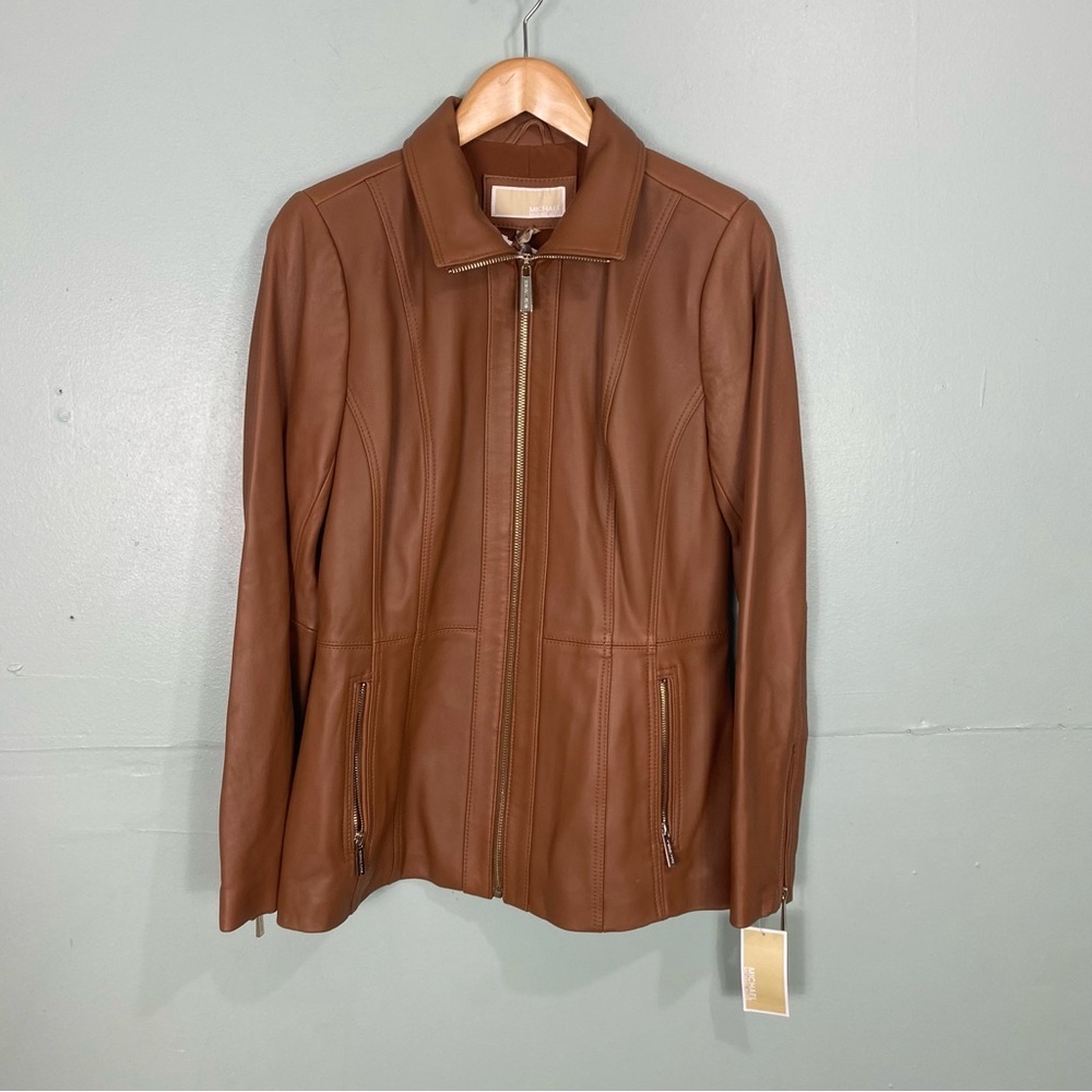 Michael Michael Kors Tan Brown Leather Zip Up‎ Jacket Sz M Read description